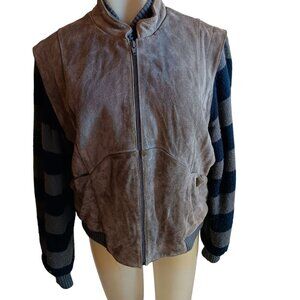 Vintage Suede & Knit Bomber Jacket With Striped Grunge Sleeves Learsi 1990's